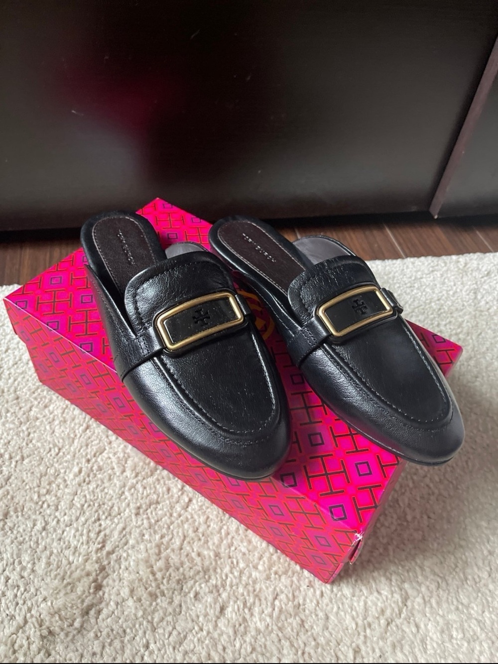 Tory Burch Black Leather Buckle Backless Loafers